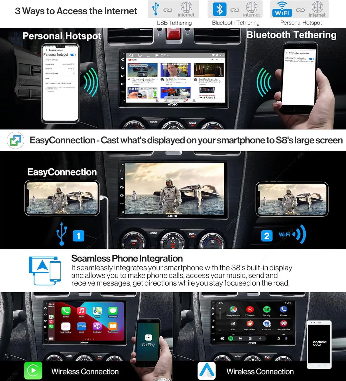 ATOTO S8G2B74PM 7" Double Din Car Stereo with QLED Display, Wireless CarPlay & Android Auto, Dual Bluetooth, HD Rearview Camera