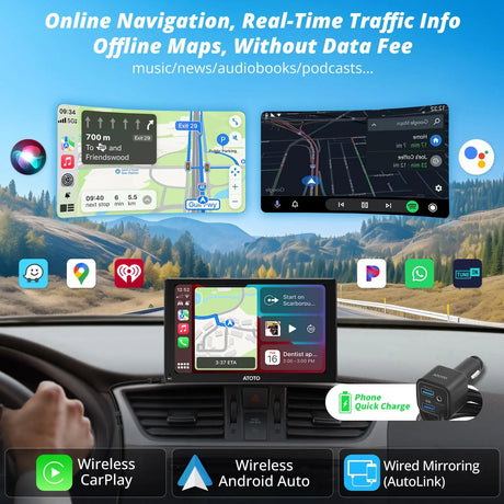 ATOTO P509SD 9'' Portable CarPlay Screen with Dash Cam, 1080p Backup Camera, CarPlay & Wireless Android Auto, Touch Screen,AUX/FM, SWC