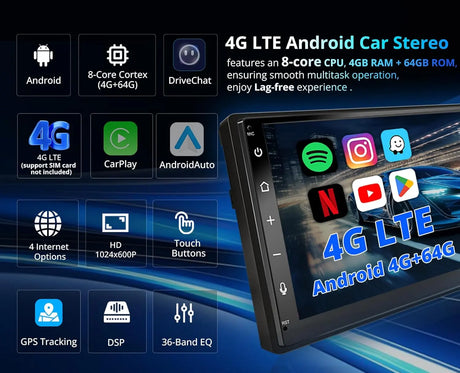 ATOTO A6G2B7PL 7" Double Din Car Stereo, 4G LTE, Wireless CarPlay and Android Auto, 4G+64G QLED Touchscreen, Microphone Included, 36-Band EQ, 2.4/5GHz WiFi, Bluetooth, GPS Tracker, Mirror Link