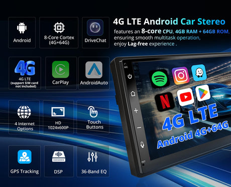 【RevcarX 】Android Double DIN Car Stereo, 4G LTE Wireless Carplay & Android Auto, 4G+64G 7 Inch QLED Touchscreen Radio with 36-Band EQ, 2.4/5Ghz WiFi/BT, GPS Tracker, Mirror Link with Microphone
