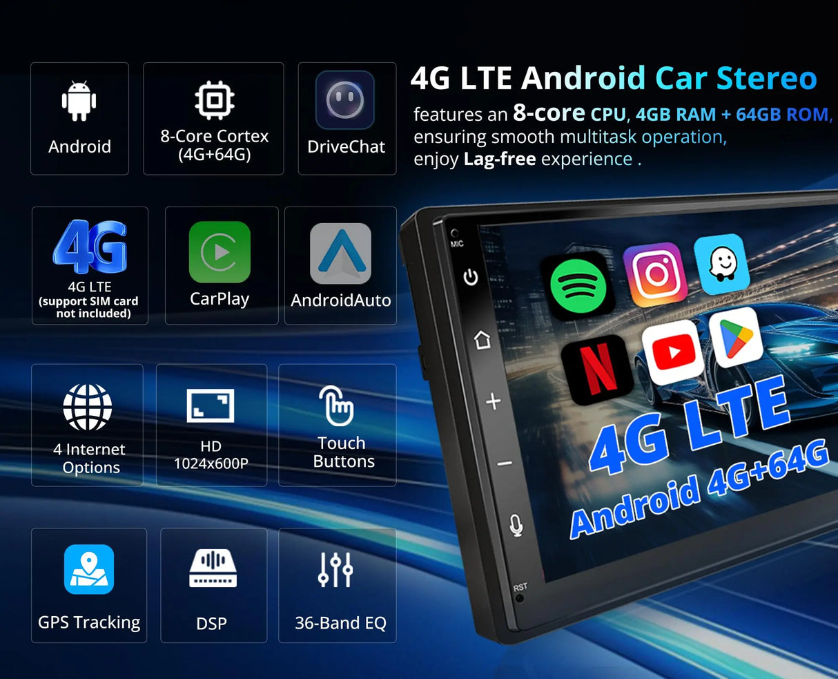 ATOTO A6G2B7PL Radio 2 DIN Android 7" QLED con Pantalla Táctil, 4G+64G, CarPlay y Android Auto Inalámbrico, 2 Bluetooth, 4G LTE, MirrorLink