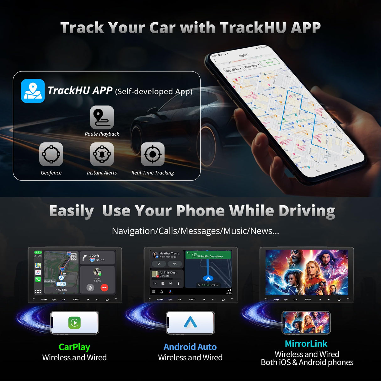 ATOTOZONE A6PF Plus 9inch QLED Android Double DIN Car Stereo, 8-Core 4G+64G, 4G LTE/WiFi/BT/USB, Wireless CarPlay & Android Auto Touch Screen, Dual Bluetooth, 36 EQ DSP/LRV/SWC, AI Chat&GPS Tracking