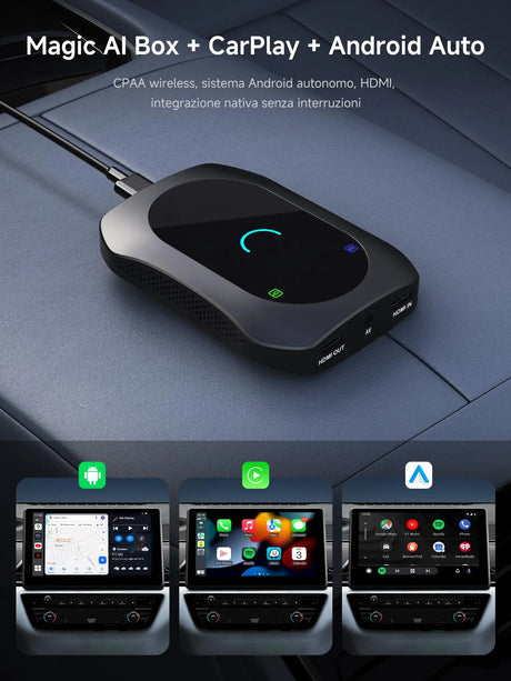 ATOTO CB7SBX CarPlay Wireless Adapter Android Auto AI Box, HDMI In/Out, Android 8GB+128GB, 4G LTE, Dual Bluetooth, DriveChat, AI Box for Netflix/YouTube/TikTok/TF Card