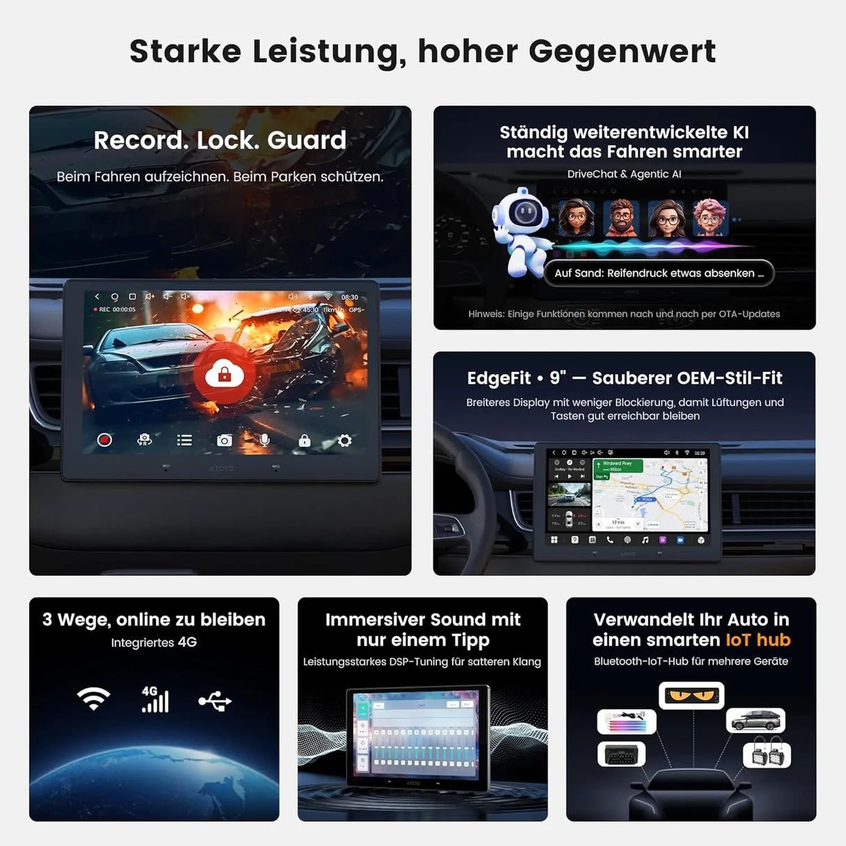 ATOTO A7G209PKL 9 Zoll Android Autoradio Doppel DIN, 4GB+64GB, Wireless CarPlay & Android Auto, WiFi/Bluetooth/USB, Hi-Fi DSP mit 4V Pre-Outs, KI-Chat & GPS-Tracking