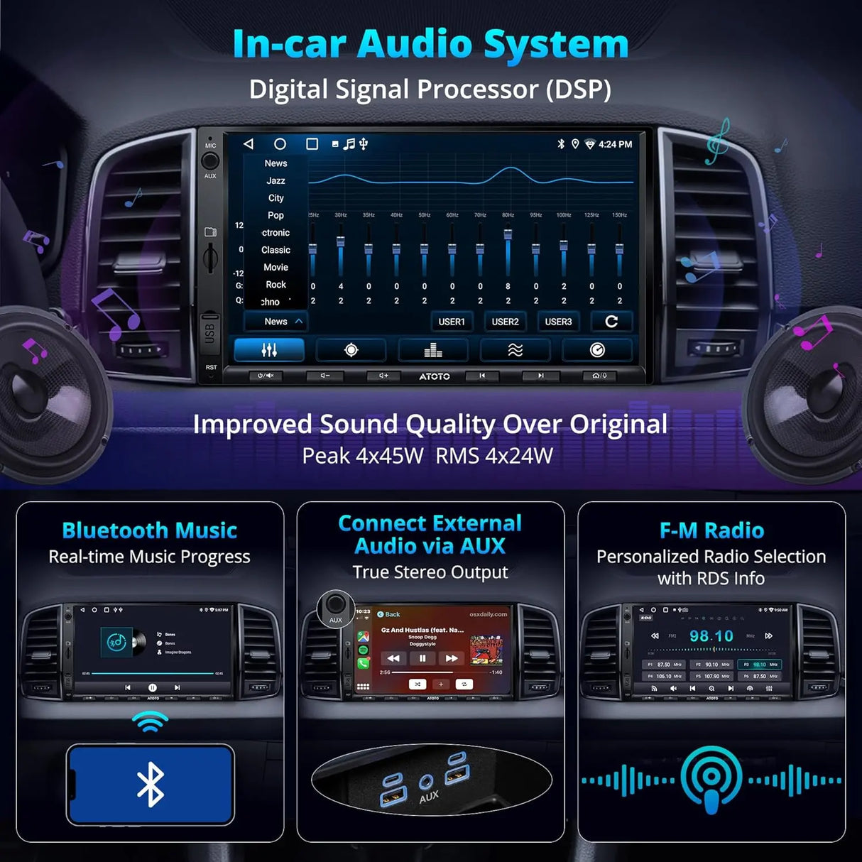 ATOTO A5LG2A7T-S04 Autoradio Android 2 DIN 7 Pulgadas con CarPlay Inalámbrico y Android Auto Inalámbrico, OBD2, EQ 24 Bandas, 2GB+32GB, WiFi/BT Tethering, FM/USB/TF