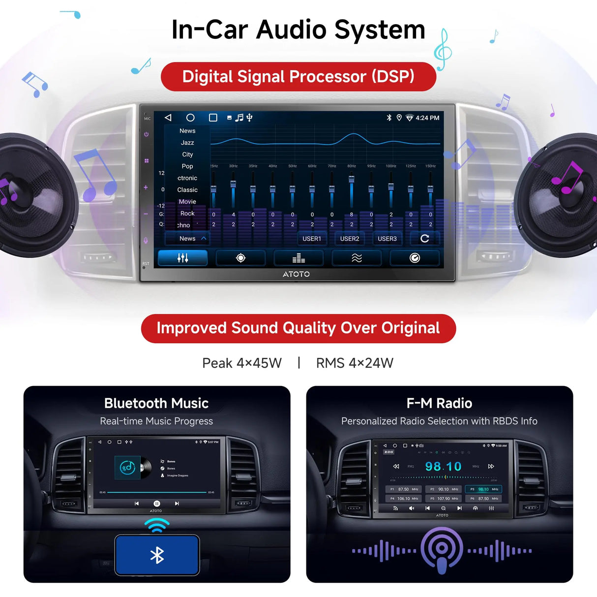 ATOTO A5LG2B7T Double DIN Android Car Stereo, Wireless CarPlay & Android Auto, 7 inch Touch Screen Head Unit, GPS Tracking, HD LRV (Live Rear-View), DSP 24EQ, MirrorLink, WiFi/BT/USB