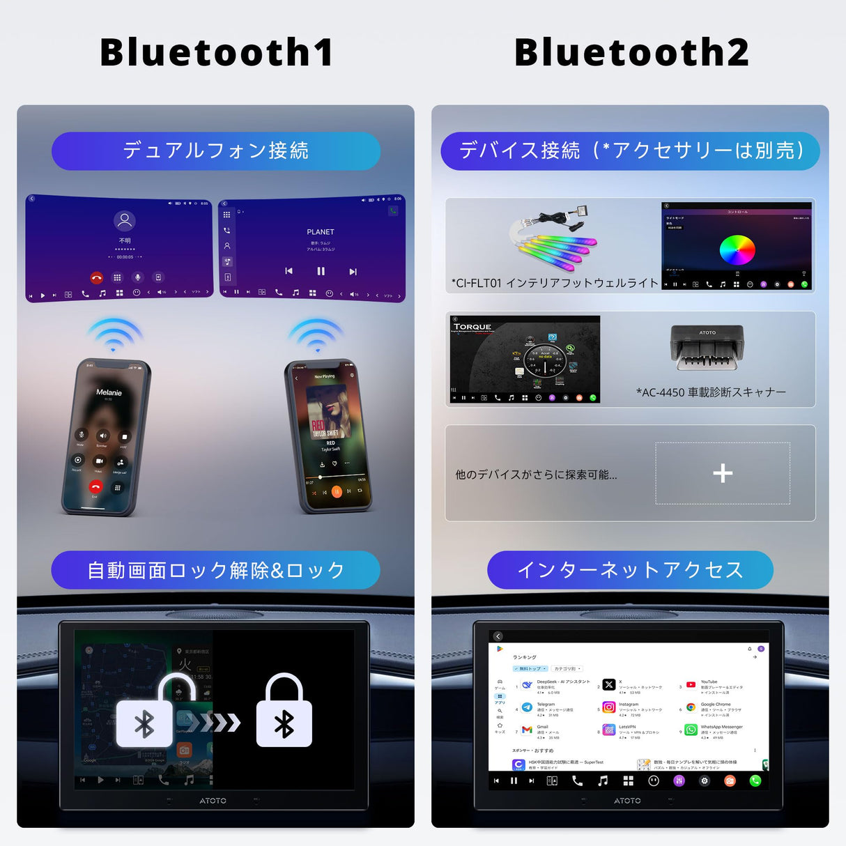 [10インチ QLED] ATOTOZONE X10 AI アンドロイドナビ，8G+128G， ダブルDINオーディオディスプレイ，デュアルカメラ入力 ，ワイヤレス Carplay & Android Auto，4G LTE，GPS トラッキング，デュアルフォン接続，2 Bluetooth, 36B-EQ，HDMI入力 ，スプリット・スクリーン