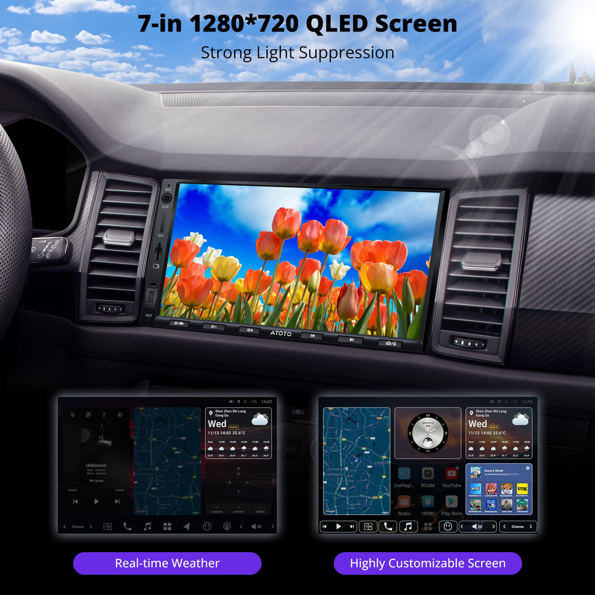 ATOTO X10 7" Double DIN Car Stereo，QLED Touchscreen CarPlay & Android Auto, Support HDMI& Dual Bluetooth, 4G LTE & WiFi, GPS Navigation