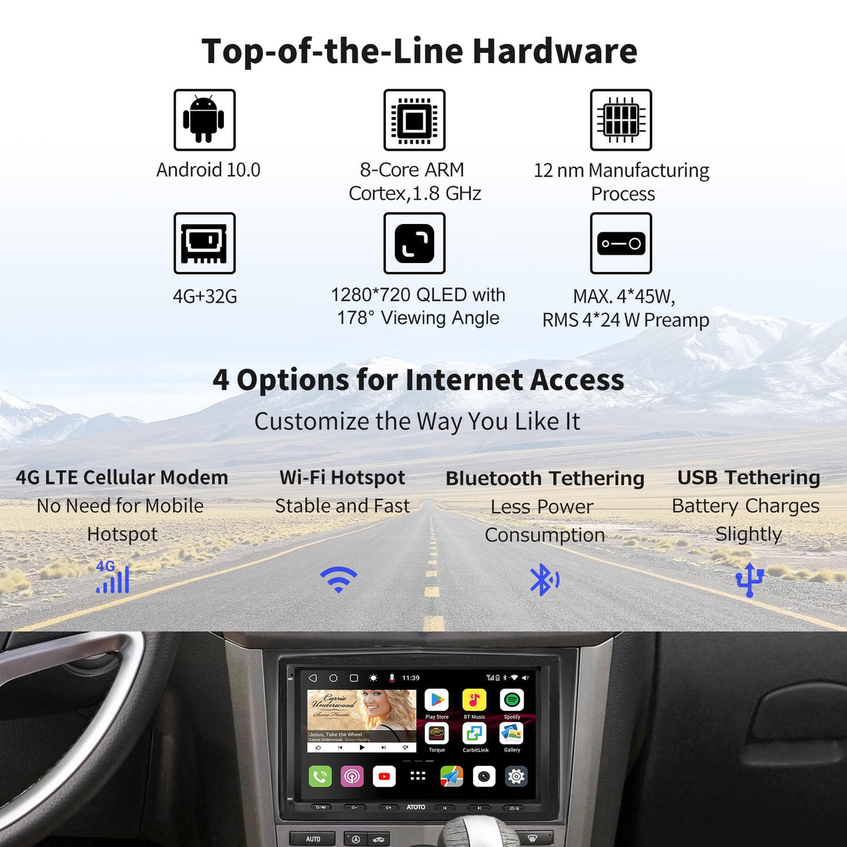 ATOTO S8VW07A4MS Android 7-Zoll Auto-Navigation Autoradio 2 DIN Kompatibel mit VW Volkswagen/Golf/Polo/Tiguan, GPS-Tracking, Drahtloses Carplay & Android Auto, Eingebautes 4G, 4+32G, für Global