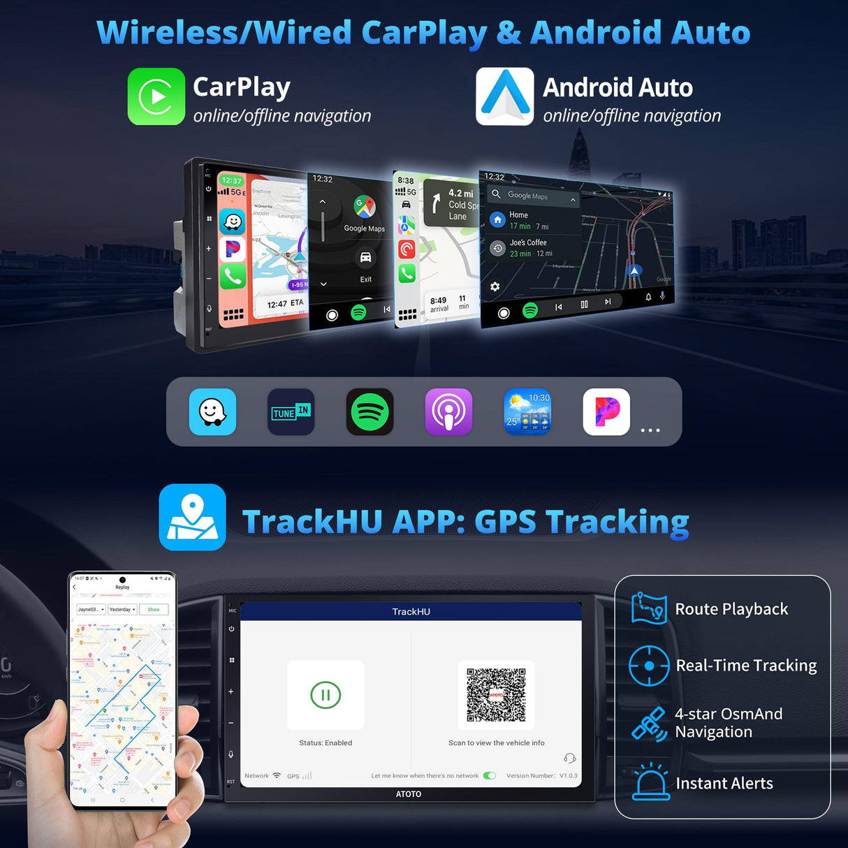 Autoradio Android Double DIN à écran HD laminé, caméra de recul, ATOTOEXCEL 8cœurs 2Go+32Go, CarPlay/Android Auto sans Fil & Bluetooth Double, GPS WiFi/BT/USB Tethering,A6C7PF