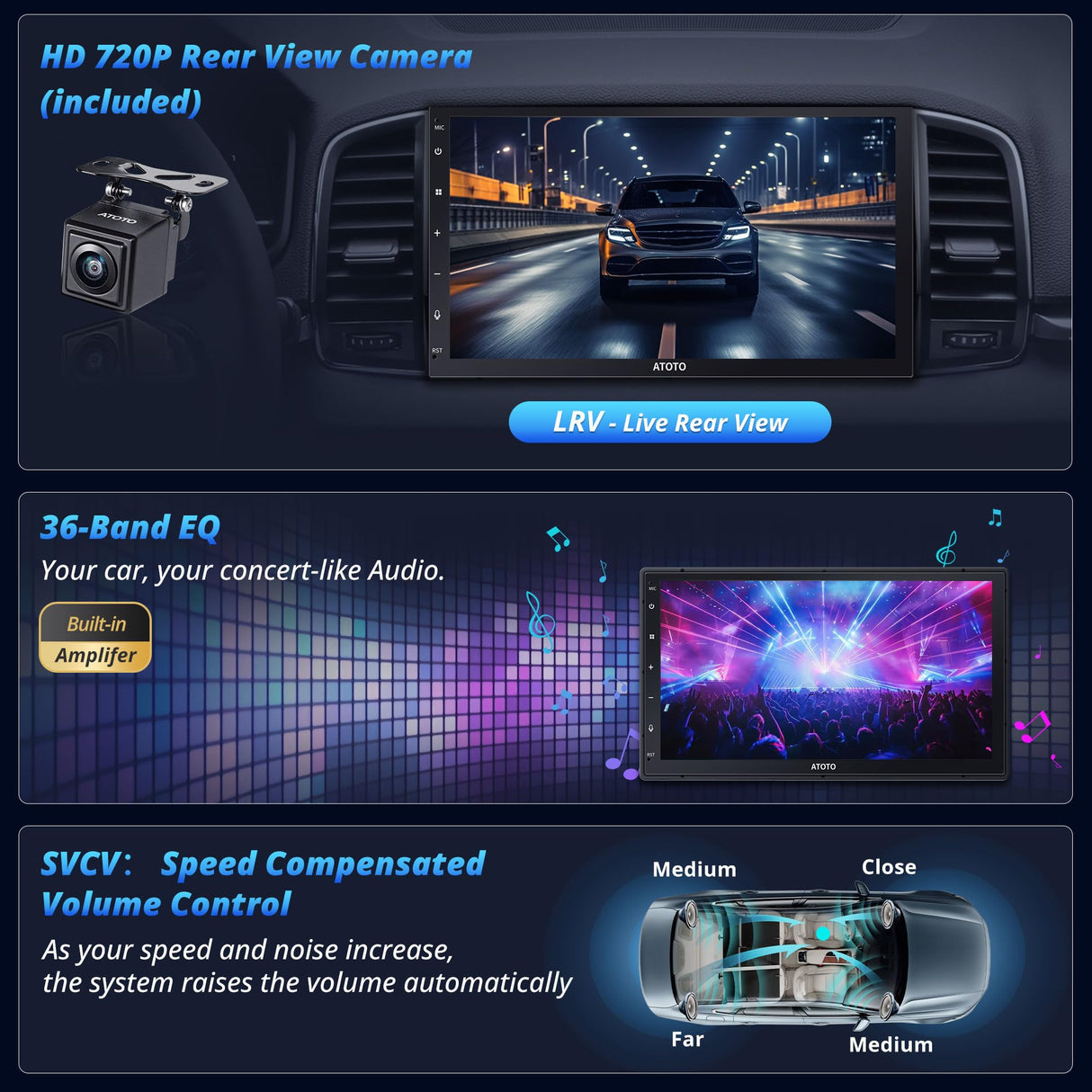 Autoradio Android Double DIN à écran HD laminé, caméra de recul, ATOTOEXCEL 8cœurs 2Go+32Go, CarPlay/Android Auto sans Fil & Bluetooth Double, GPS WiFi/BT/USB Tethering,A6C7PF