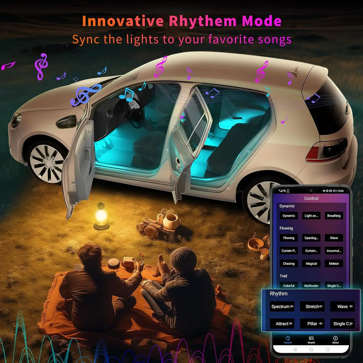 ATOTO CI-FLT01 Smart Car LED Lights - App Controlled RGB Interior Lighting, 160 LEDs, 16M Colors, 21 Music Modes, Front/Rear Independent Control