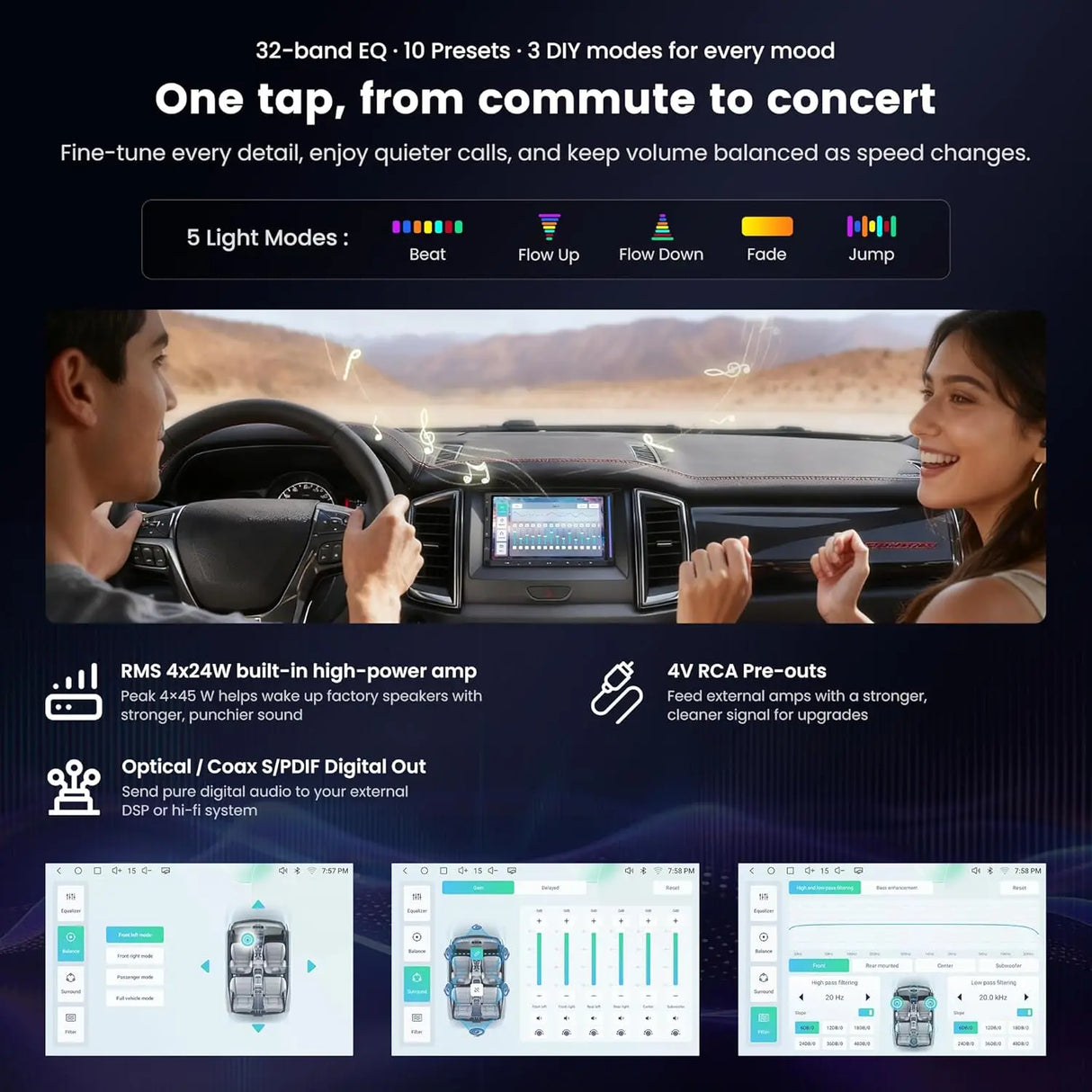 ATOTOZONE S8 Gen4 7" Android Double DIN Car Stereo with 4G LTE, Wireless CarPlay & Android Auto, QLED Touchscreen, DSP 4V Pre-Outs, Optical Out, HDMI in/Out, GPS Tracker, LED Sync Bar, S84G2D7PB