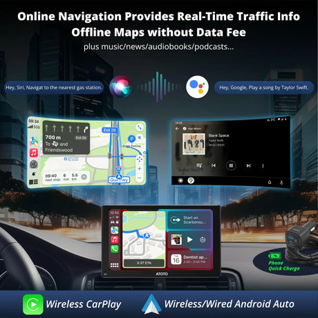 ATOTO P807SD 7" Portable Wireless Car Stereo with HD 1080P WDR Rear Camera, QLED Glare-Suppressing Touchscreen, Wireless CarPlay & Android Auto, OTA Upgrade, Remote Control & FM/AUX Output