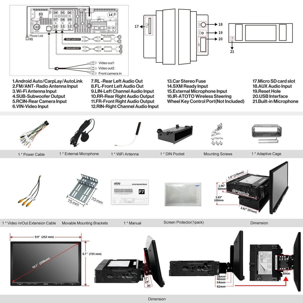 ATOTO F7G110XE 10 Inch Adaptive Single & Double Din Car Stereo, QLED Touchscreen, Wireless CarPlay & Android Auto, Bluetooth, HD Live Rearview, MirrorLink, SXM Ready, Quick Charge, USB/SD (Up to 2TB)
