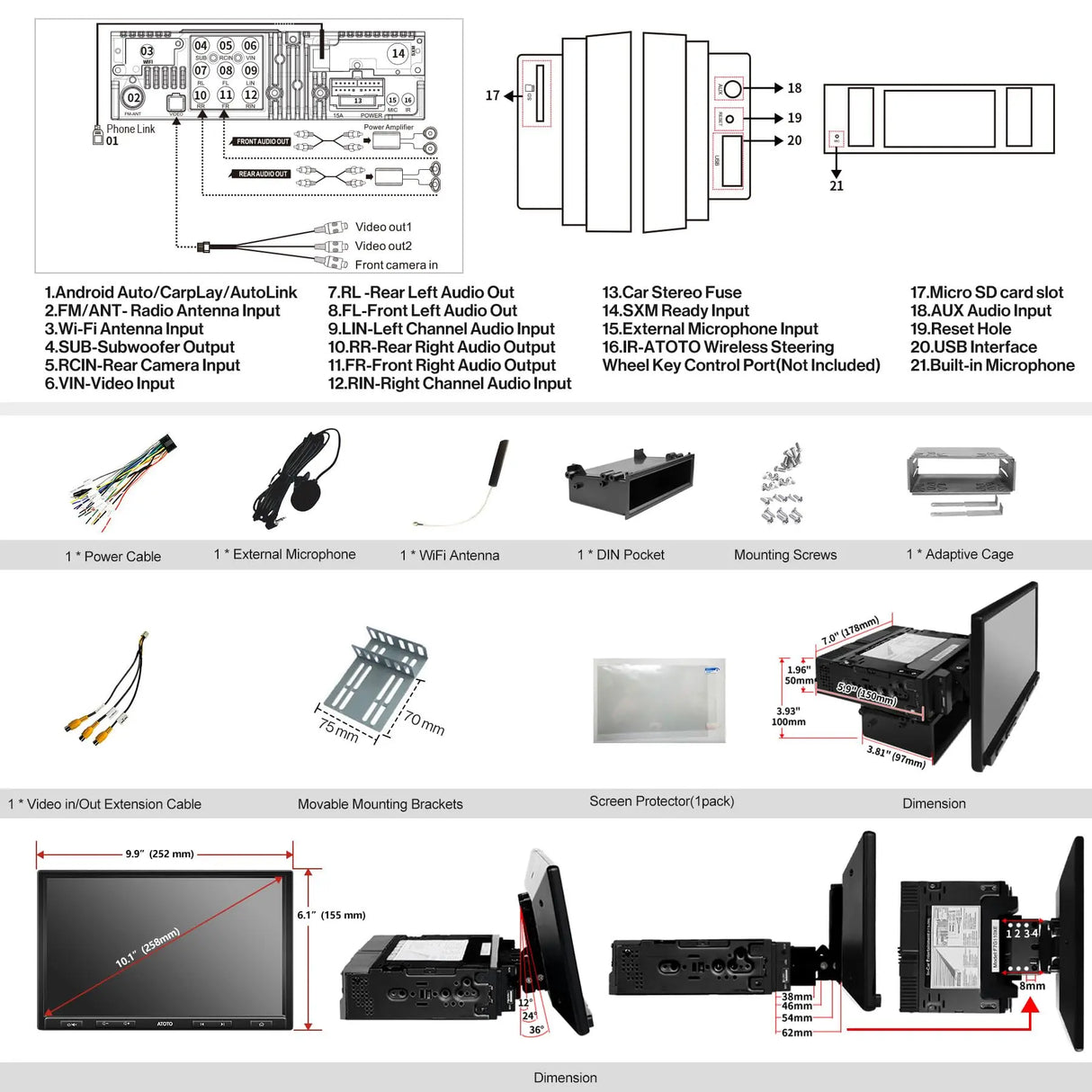 ATOTO F7G110XE 10" Double Din & Single Din Car Stereo, HD LRV Camera, Wireless CarPlay & Android Auto, Bluetooth, SXM, Mirror Link, Quick Charge, USB/SD up to 2TB Storage