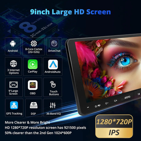 ATOTO A6G209PF 9" Android Double DIN Car Stereo with OBD, Wireless CarPlay & Android Auto, GPS, HD LRV, WiFi/BT, Dual Bluetooth, MirrorLink, 8-Core 2G+32G