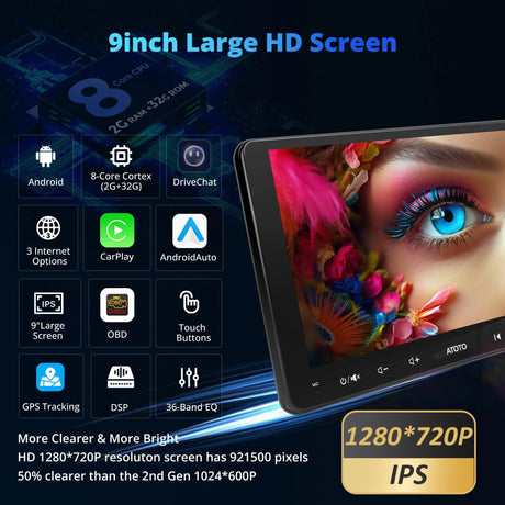ATOTO A6G209PF 9" Android Double DIN Car Stereo with OBD, Wireless CarPlay & Android Auto, GPS, HD LRV, WiFi/BT, Dual Bluetooth, MirrorLink, 8-Core 2G+32G