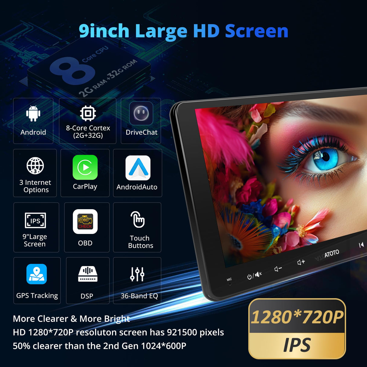 ATOTOEXCEL A6PF Android Double DIN Car Stereo, Wireless CarPlay&Android Auto, 8 Core 2G+32G Touchscreen Radio, WiFi/BT/USB Tethering, Dual BT, AI DriveChat, 36 band EQ, DSP, OBD2 Scanner, A6G209PF-S04