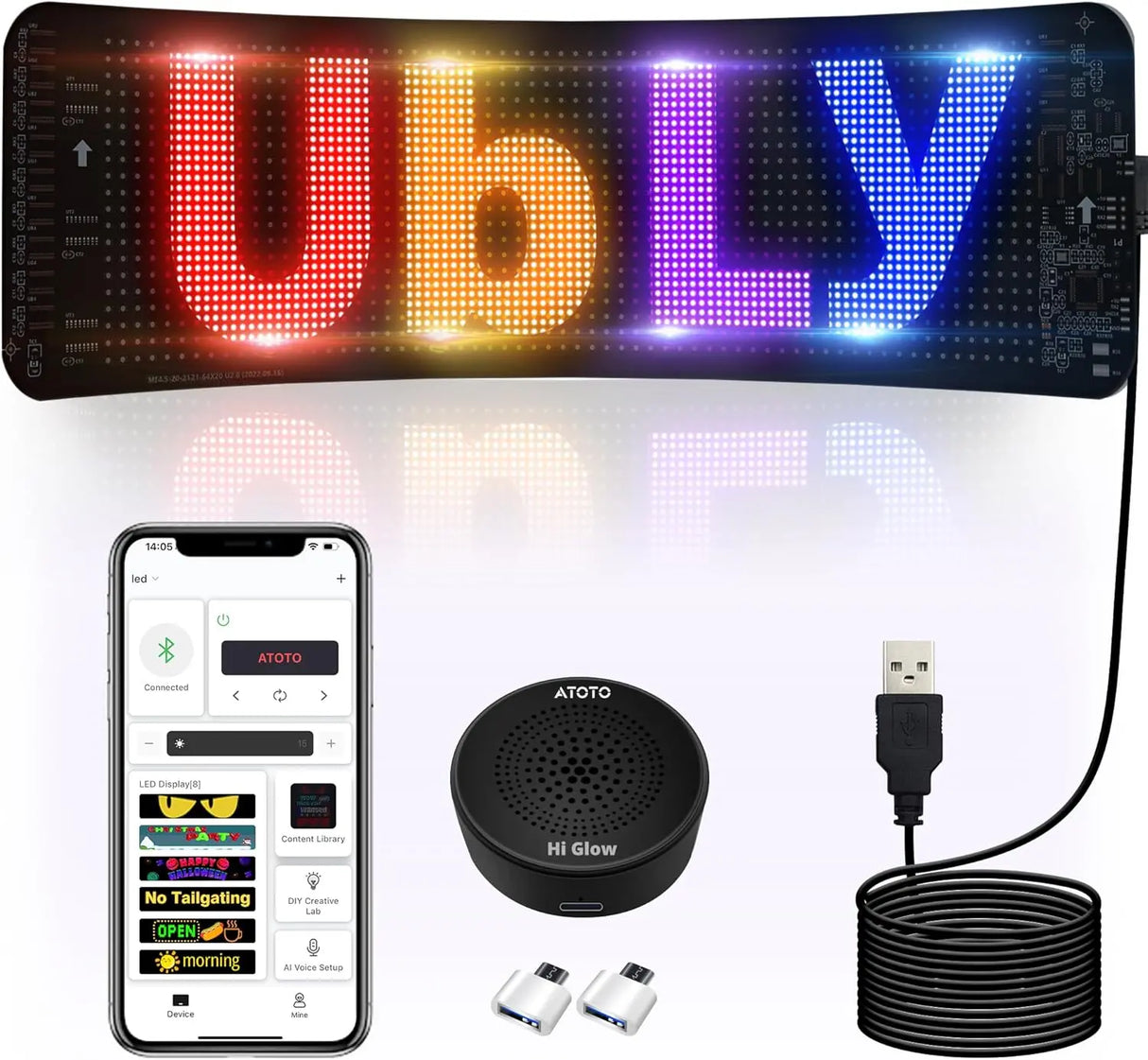 ATOTO CI-VIALD19 19.4" x 4.3" Programmable LED Car Sign – Flexible USB 5V Display, AI Voice & App Control, Custom Text & Animation, Scrolling Digital Sign for Car Window