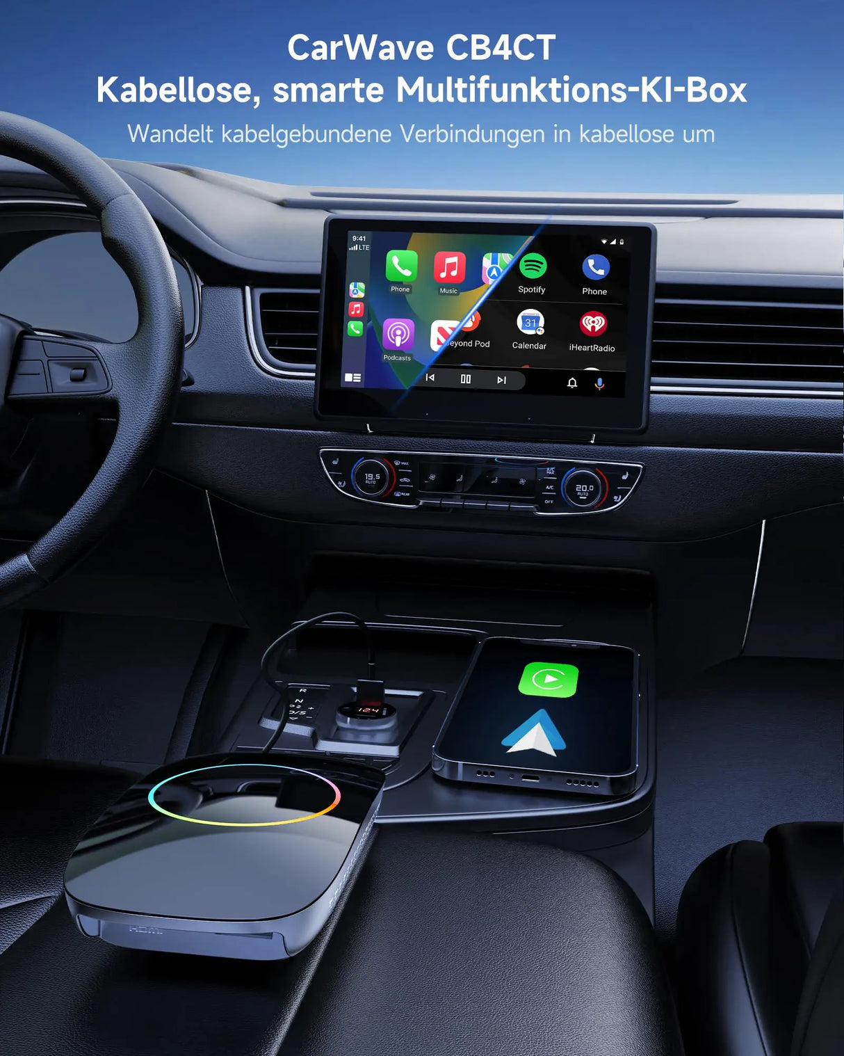 ATOTO CB4CT-BK CarPlay AI Box, Wireless CarPlay & Android Auto Adapter, Android 2GB+16GB Auto Box für YouTube & Netflix, Dual WiFi & Bluetooth, OTA, Schwarz