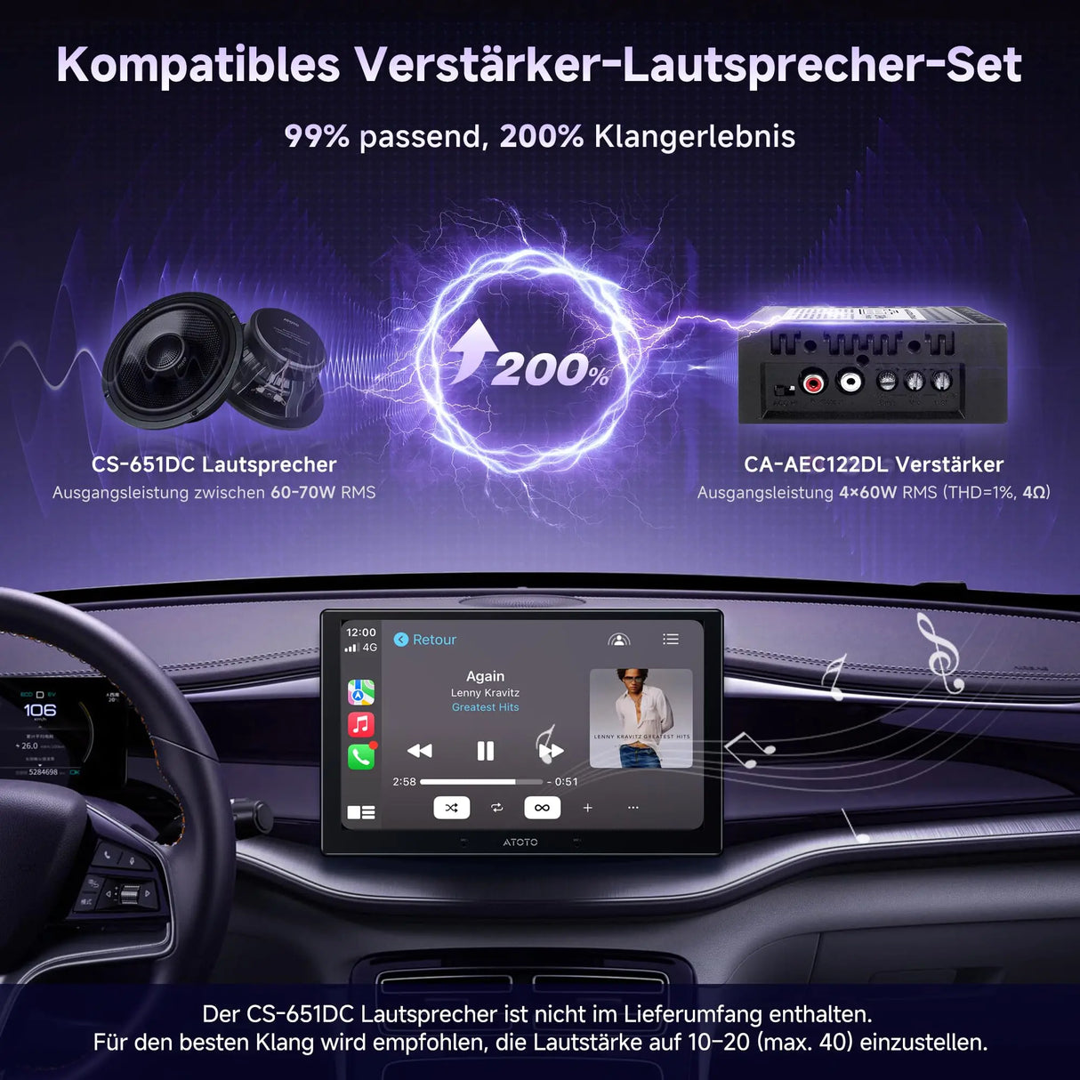 ATOTO CA-AEC122DL Kompakter 4-Kanal Auto-Verstärker, RMS 4x60W, Klasse D TI TPA3221, 2m Stromkabel, Anpassbarer EQ, Kompatibel mit ATOTO Autoradios