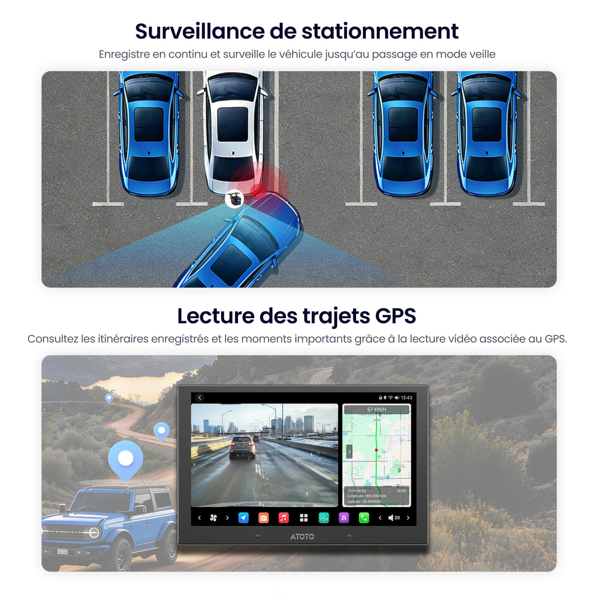 ATOTO AC-HN9RRV3 Caméra de Recul AHD 1080p, 134° Grand-Angle, Vision Nocturne Starlight, Boucle Vidéo, Mode Parking, IP67 Étanche, Capteur G, Série V10