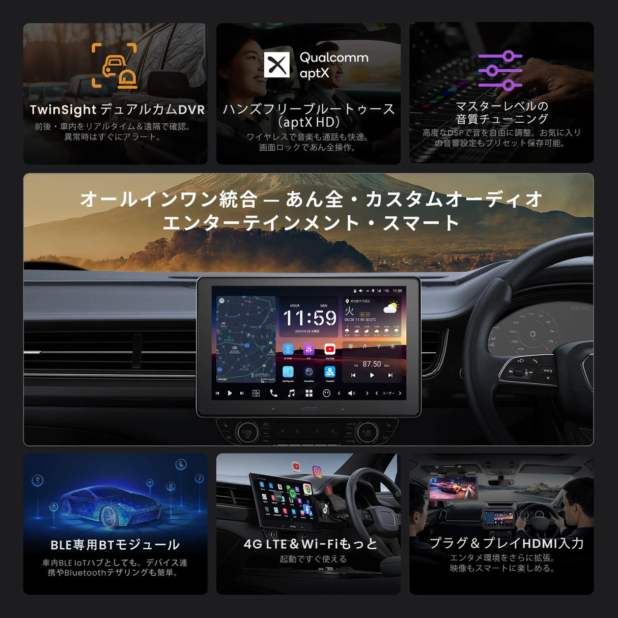 ATOTO X10G110ESM 10.1インチ Androidディスプレイオーディオ 1DIN/2DIN取付対応 フローティングカーナビ サンバイザー取付エンタメモニター付き CarPlay/Android Auto対応