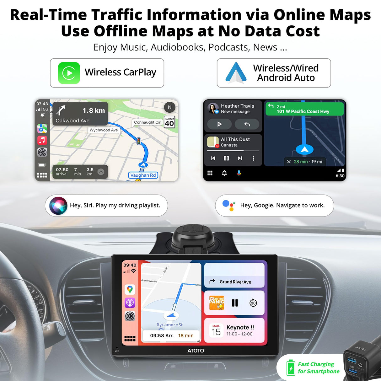 ATOTO P8 7" Portable Touchscreen Car Stereo with Bluetooth Wi-Fi, CarPlay and Android Auto Wireless, Multimedia Audio Player with GPS Tracking, MirrorLink