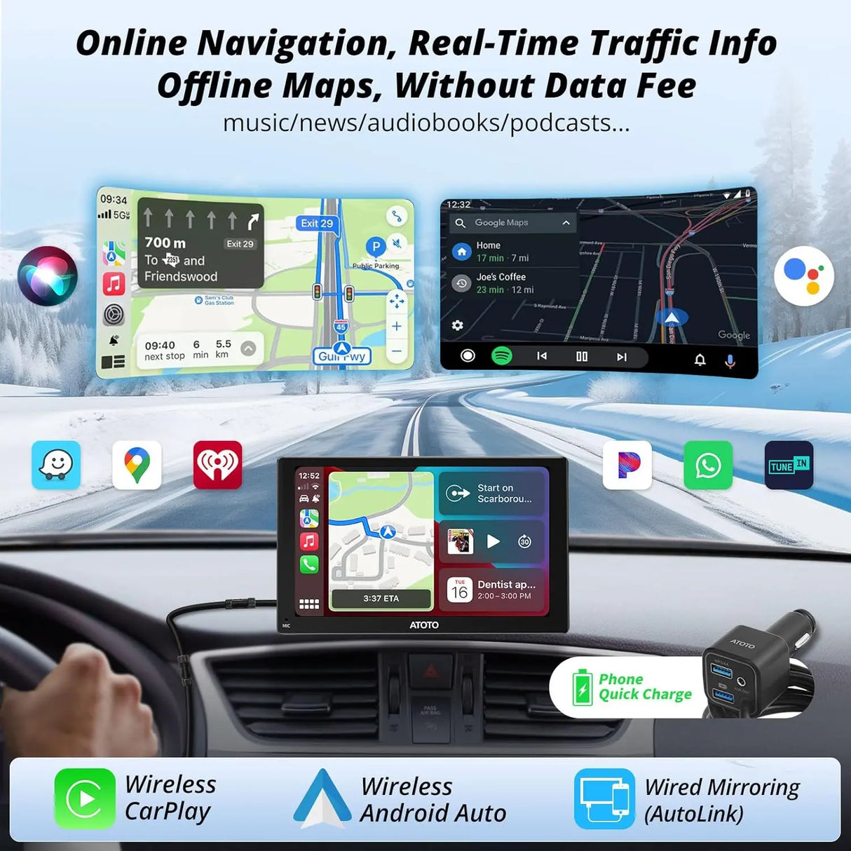 ATOTOEXCEL Tragbarer Carplay-Bildschirm für Android Auto mit 1080P- und SWC-Retromarcia-Telekamera, P5 Tragbares drahtloses Autoradio mit Carplay-Navigation, 7 Zoll QLED-Touchscreen, Mirrorlink