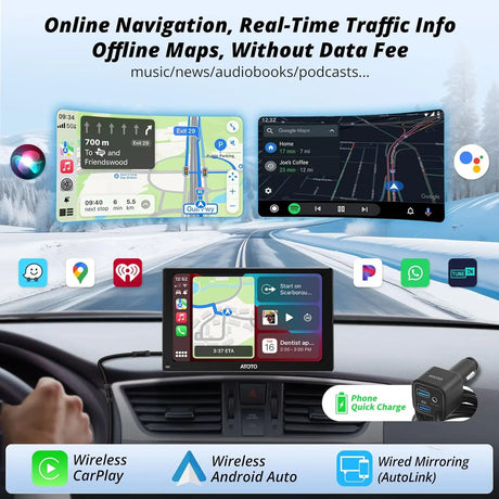 ATOTOEXCEL Portatile Carplay Screen Android Auto Per Auto con Telecamera Di Retromarcia 1080P e SWC, P5 Portatile Wireless Autoradio Navigazione Radio Carplay, 7Pollici QLED Antiriflesso, Mirrorlink