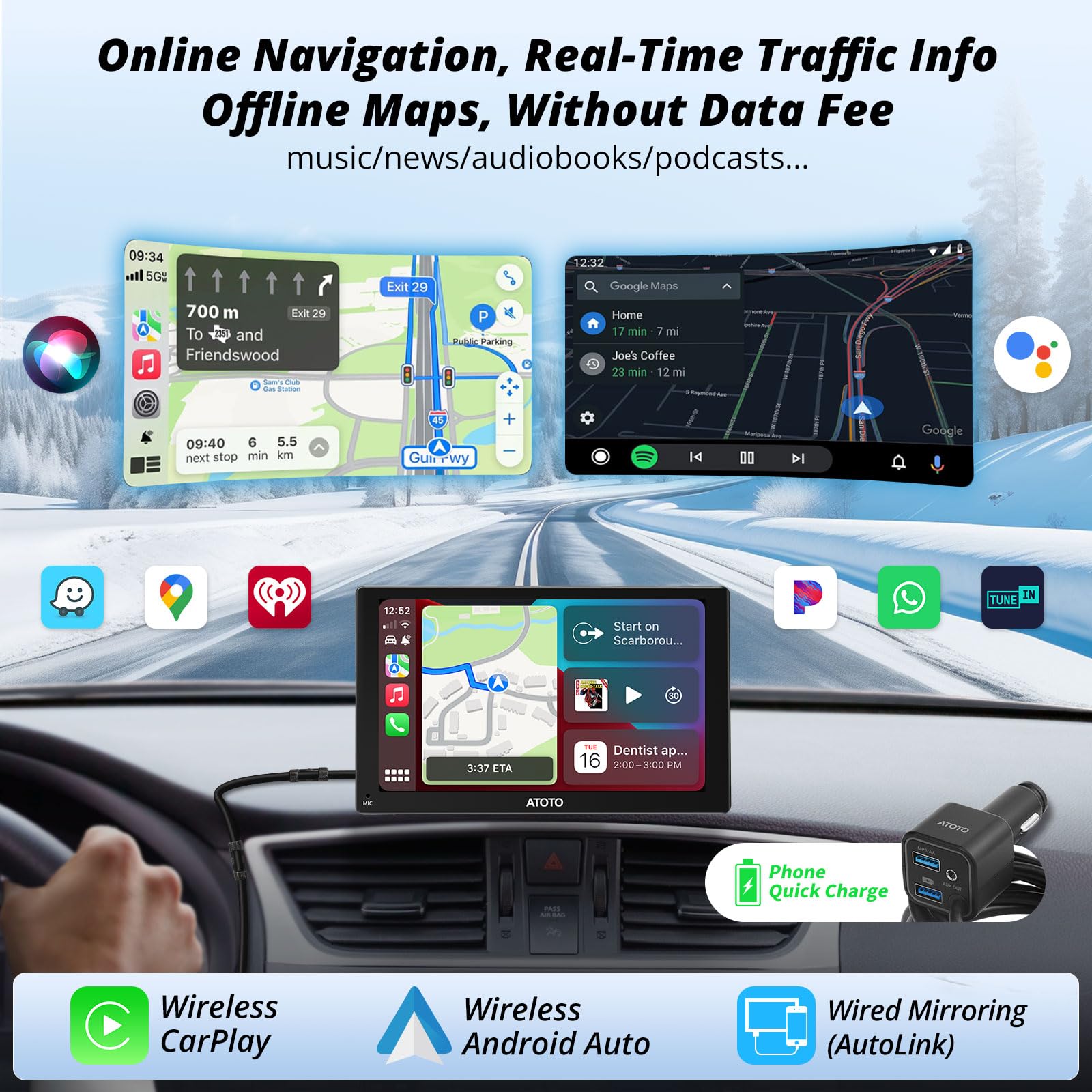ATOTO P5 カーポータブルナビ ATOTO P5 ポータブルナビ 9型 バックカメラ付 QLED 無線CarPlay