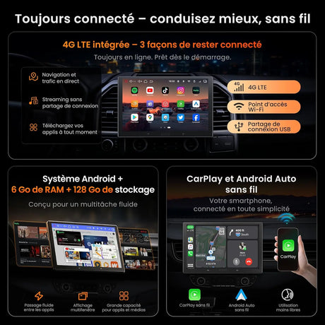 ATOTO V10G110OC 10,1 Pouces Autoradio Android 1 DIN & 2 DIN, 6GB+128GB, CarPlay & Android Auto sans Fil, 4G LTE/Wi-Fi, GPS, Bluetooth 5.4 aptX HD, DSP 32 Bandes, DVR 4 Canaux, Karaoké Embarqué
