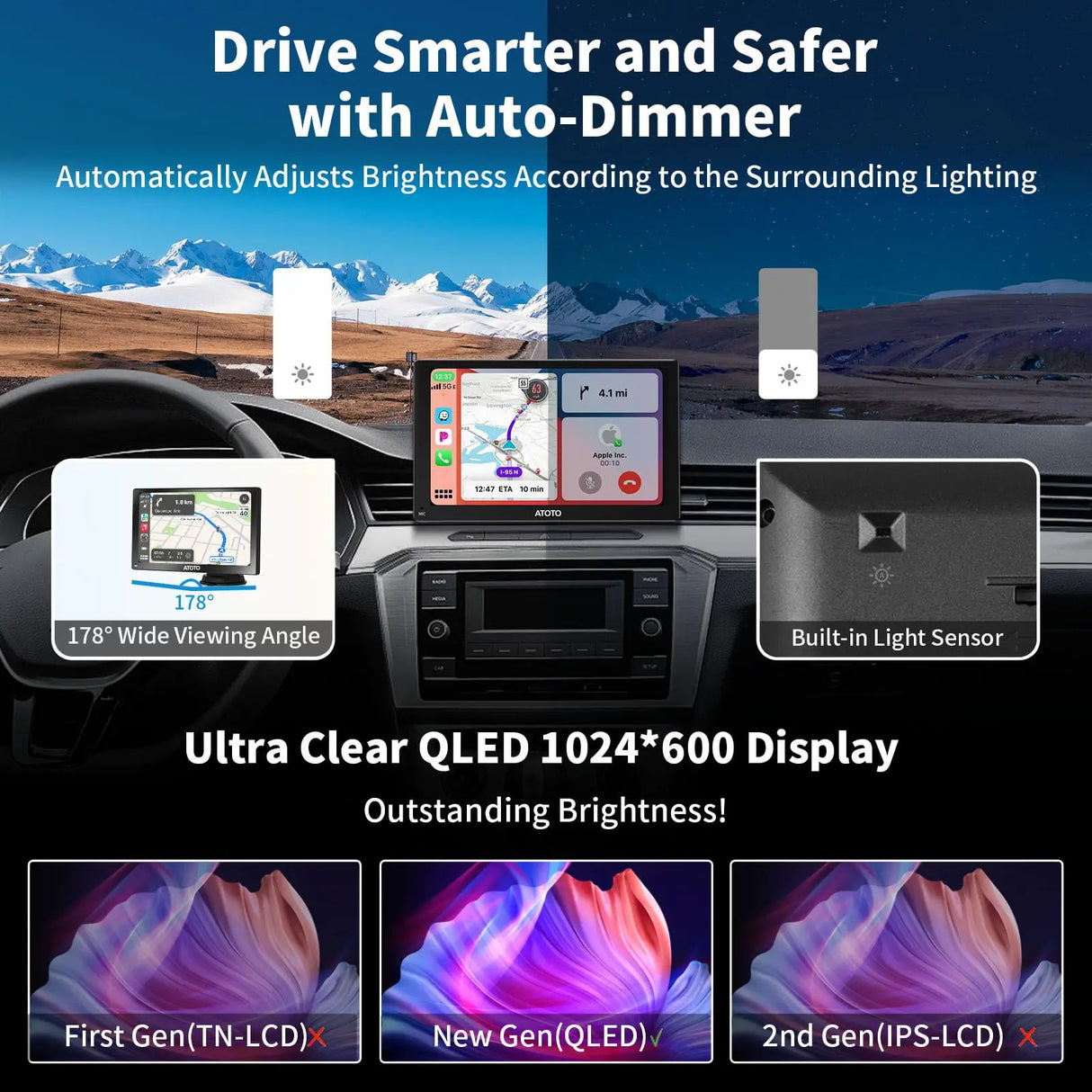 ATOTO P8 GPS Pour Voiture 7" - Android Auto/CarPlay Sans Fil, Double Caméra 1080P, WDR, Variateur Auto, Charge Rapide