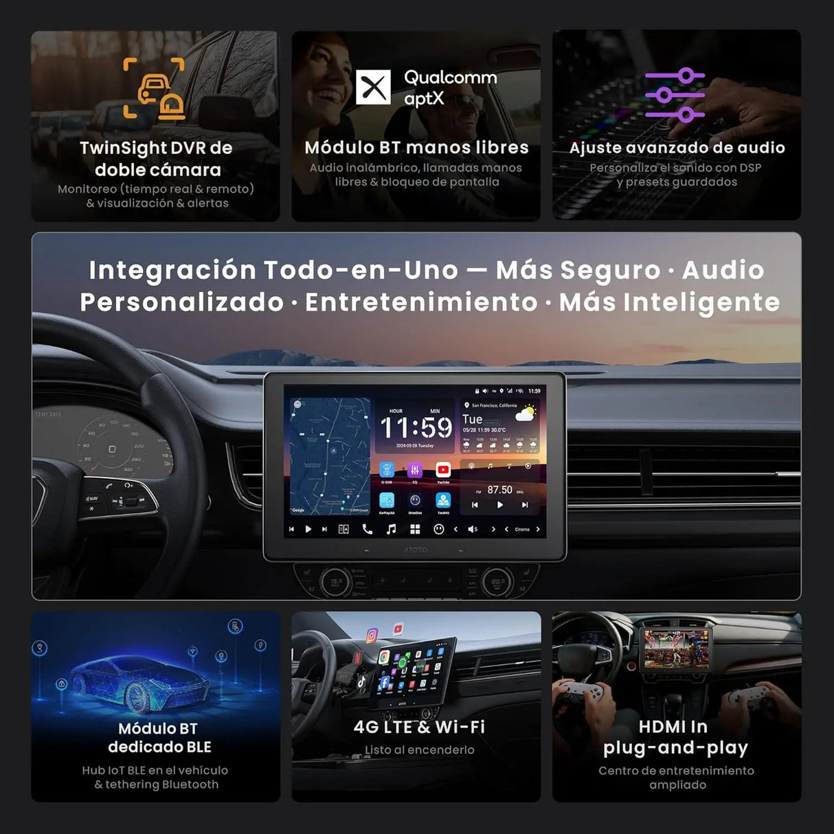 ATOTO X10G209E Autoradio Double Din 9 Pulgadas X10 – Entrada Cámara Delante y Detrás 1080P, Pantalla Táctil QLED, 8GB+128GB, CarPlay Inalámbrico, Android Auto, 4G LTE, Wi-Fi, Bluetooth, DSP, AMP, Subwoofer, GPS