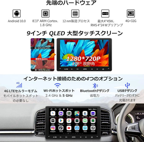 ATOTO S8G2094MS 9インチ 2DIN ディスプレイオーディオ - ワイヤレス Android Auto &amp; CarPlay、1280*720 QLED画面、4G+32G、内蔵4G LTE、WiFi/BT/USBテザリング、デュアルBluetooth、GPSトラッキング、HD LRV、SCVC搭載