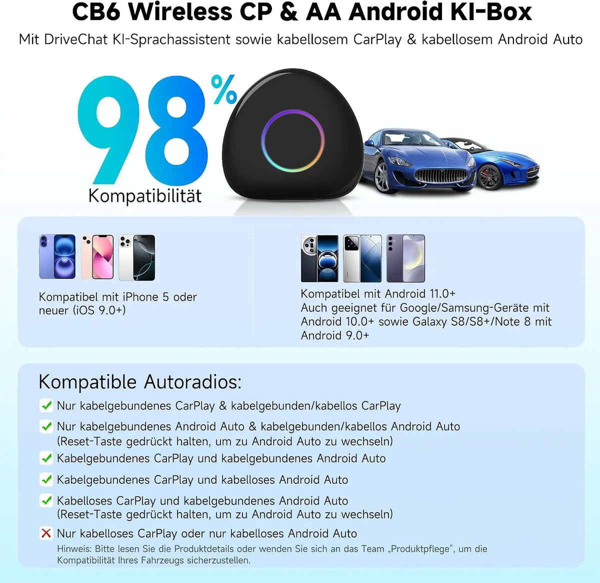 ATOTO CB6 Android Auto Wireless Adapter – CarPlay IA Box, 8GB+128GB Auto-Streaming-Box mit 4G, Dual Bluetooth, USB, integriertem GPS, KI-Assistent, microSD-Erweiterung, OTA