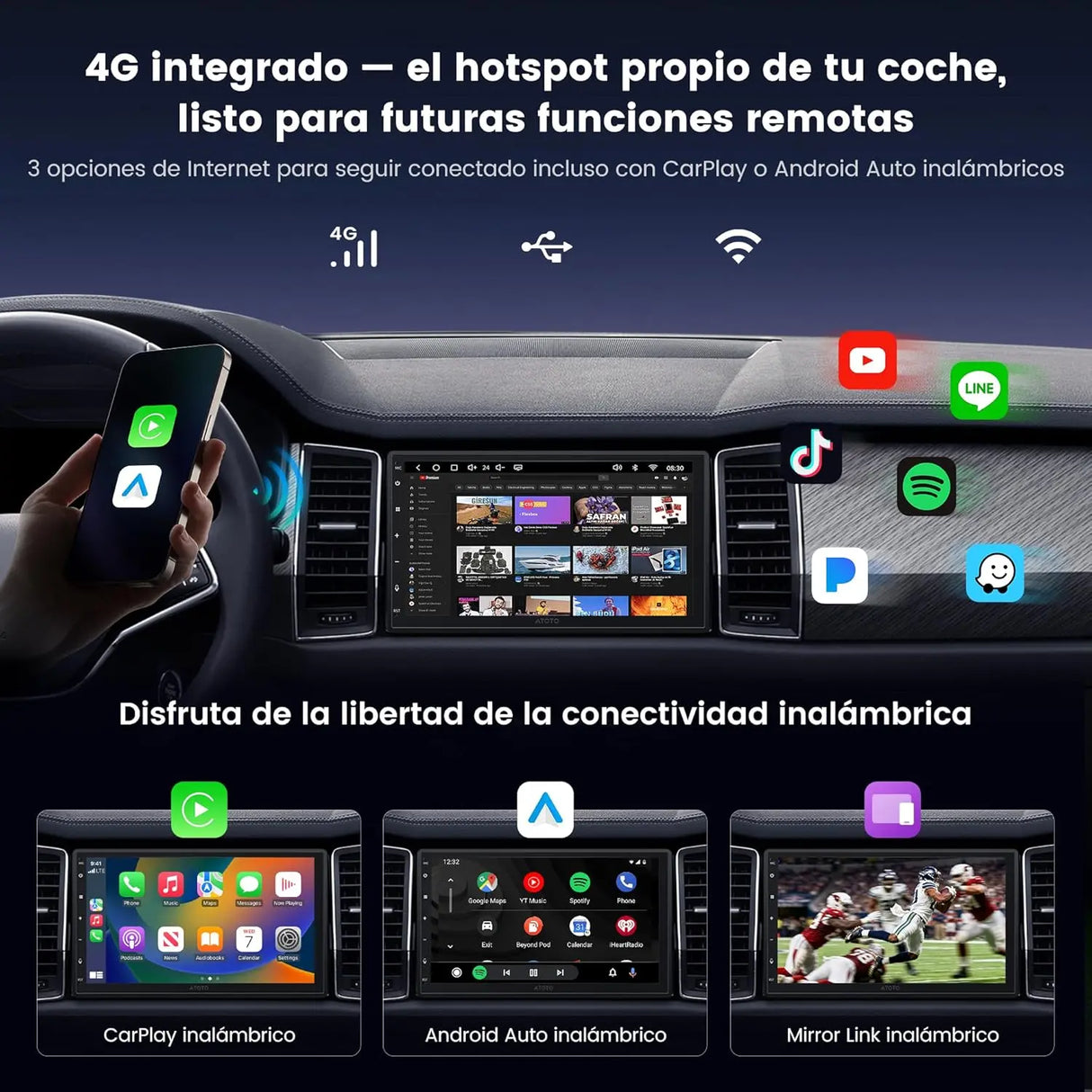 ATOTO A7G2B7PKL-S04 7'' QLED Radio Coche 2 DIN Android, 4G LTE/WiFi, CarPlay y Android Auto Inalámbrico, DSP HiFi 4V con Salida Óptica/Coaxial, Rastreo GPS, IA DriveChat, OBD2 Incluido