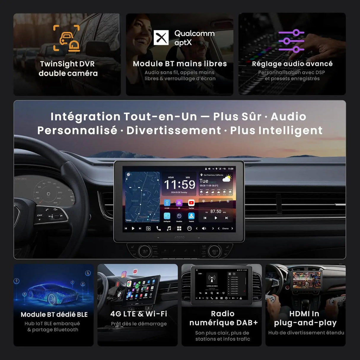 ATOTO X10DG2B7E Autoradio 2 DIN 7 Pouces, QLED, 8+128G, Microphone Double et Entrée Caméra, CarPlay & Android Auto sans fil, 4G LTE, Assistant vocal IA, Suivi GPS, DAB, Bluetooth, LRV, Entrée HDMI