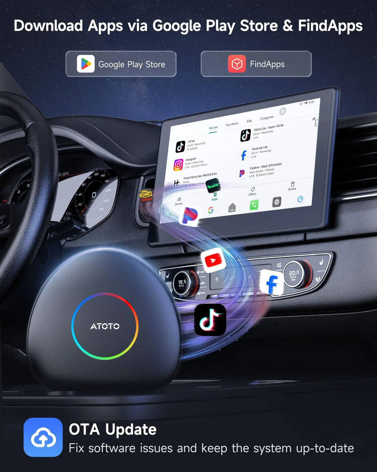 ATOTOLIFE CB6C AI Box CarPlay, Wireless CarPlay/AndroidAuto Adapter with YouTube, Car Video Box with AI Assistant, GPS Navigation, Android 13, 4G LTE, Expandable to 256GB, Watch Videos in Your Car