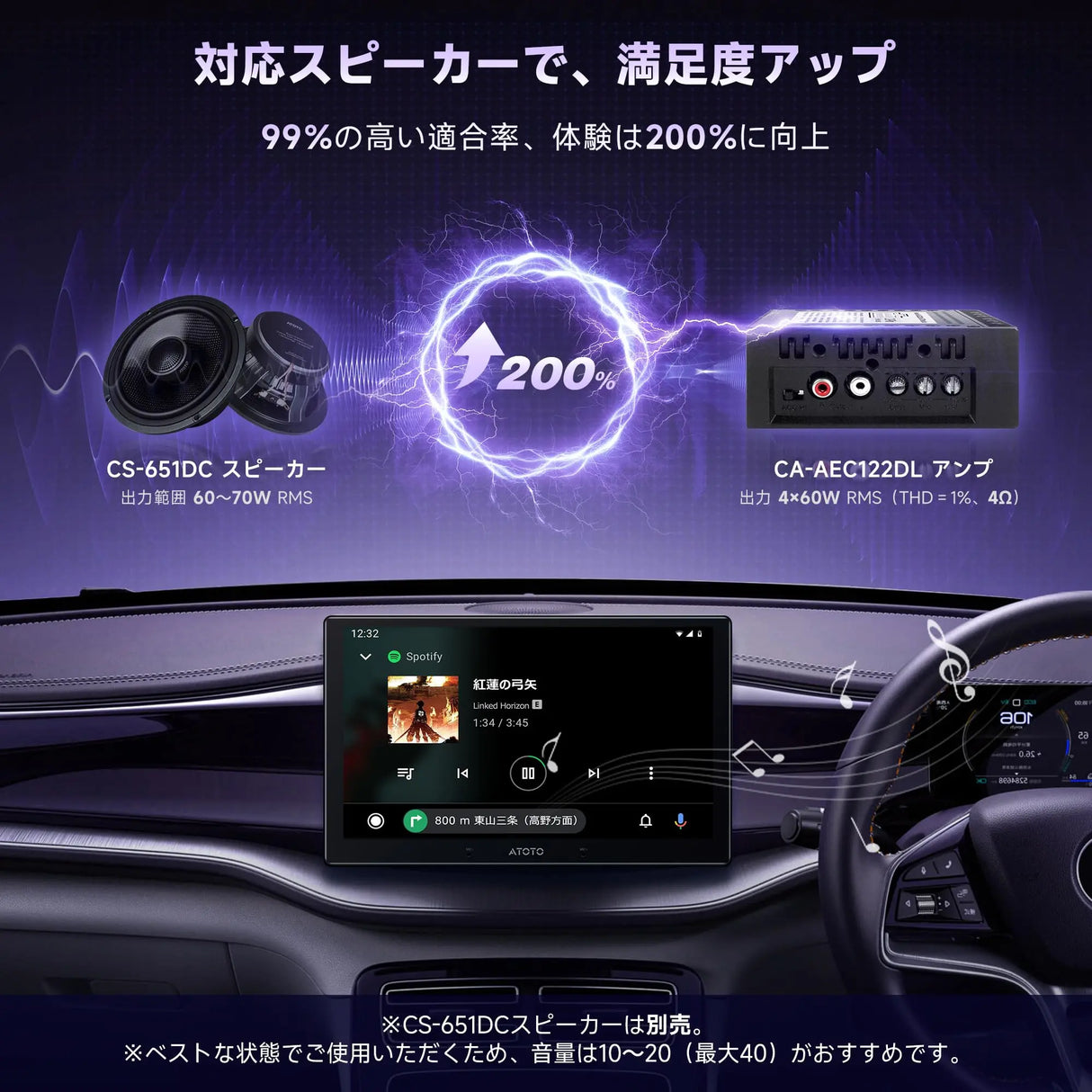ATOTO CA-AEC122DL カーアンプ - クラスD 4チャンネル TI TPA3221、RMS 4x60W、6.5フィート電源ケーブル、カスタマイズ可能EQ、特定ATOTOZONEカーステレオと互換