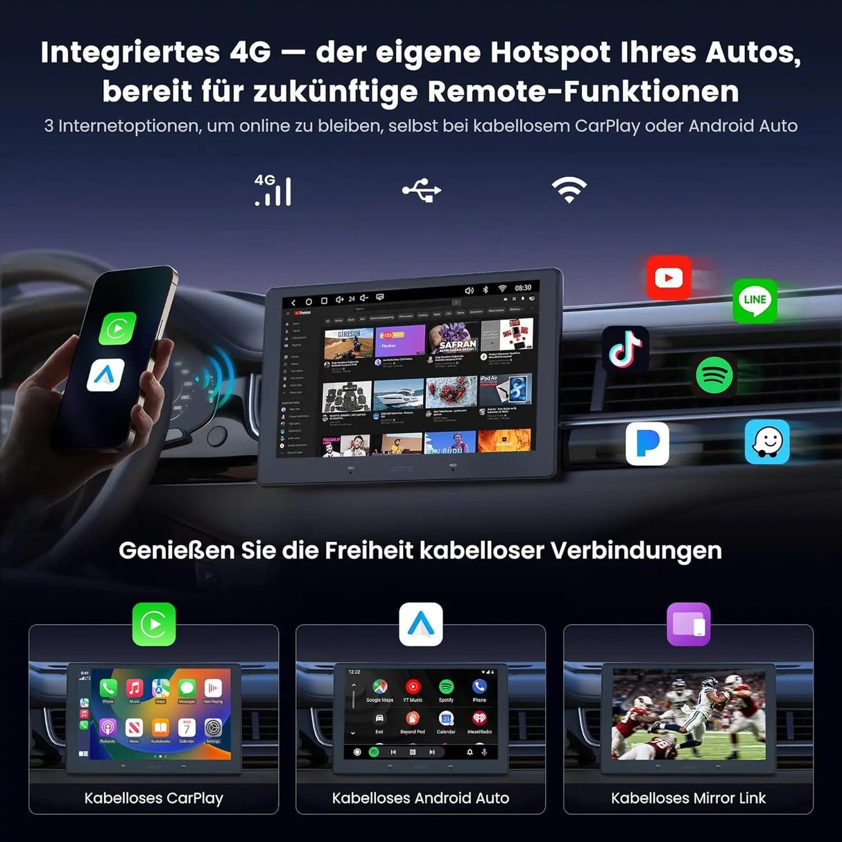 ATOTO S84G211P-S01 10.1 Zoll QLED Android Doppel-DIN Autoradio, kabelloses CarPlay und Android Auto, 4G LTE, WiFi/USB-Tethering, Hi-Fi DSP mit 4V Vorverstärkerausgang, mit Rückfahrkamera, 4G+64G