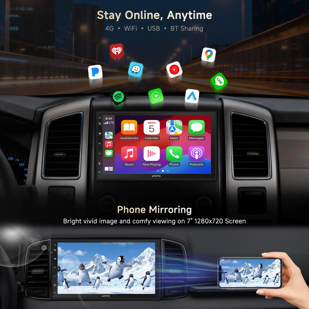 ATOTO S8G2C74MS 7" Android 11 ChatGPT Double Din Car Stereo Wireless CarPlay & Android Auto S8 Gen3 Octa-Core 4G RAM+32G ROM LTE/WiFi Dual BT DSP Front Camera GPS Tracking