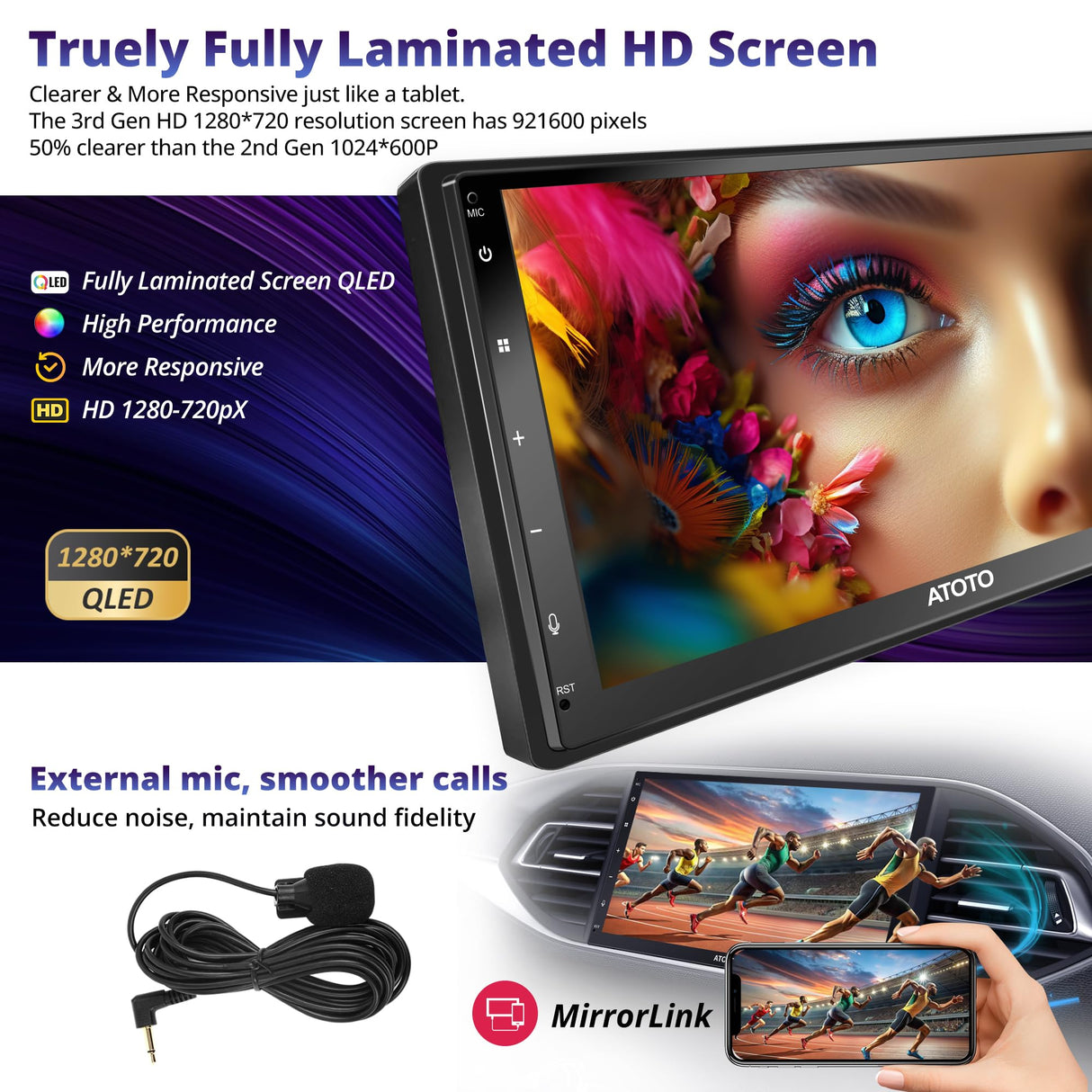 Radio de coche 2 Din Android con pantalla – ATOTOEXCEL 8 Core Fully Laminado Screen QLED TouchScreen Bluetooth con Mic, Android Auto Wireless & Carplay, Control de voz, Navi GPS, A6C7PF (Android+Mic)