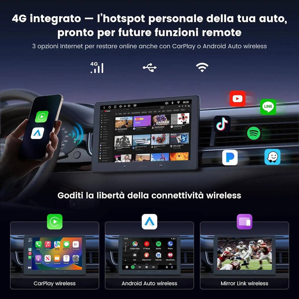 ATOTO A7G209PKL 9 Pollici Autoradio Android 2 DIN, 4G+64G, Wireless CarPlay & Android Auto, Hi-Fi DSP 4V Pre-Outs, Chat IA & Tracciamento GPS, WiFi/BT