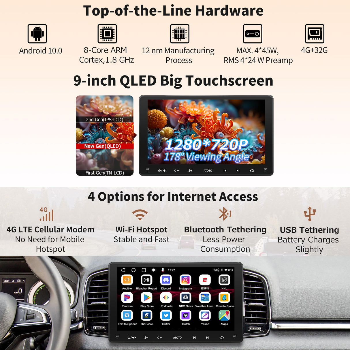 ATOTO S8 8-core 9 inch QLED Double Din Android Car Stereo, Wireless CarPlay & Android Auto, Built-in 4G,WiFi/BT/USB Tethering, 2 Bluetooth, 4G+32G Car Radio, SCVC&DSP, AI Chat, MirrorLink,S8G2094MS