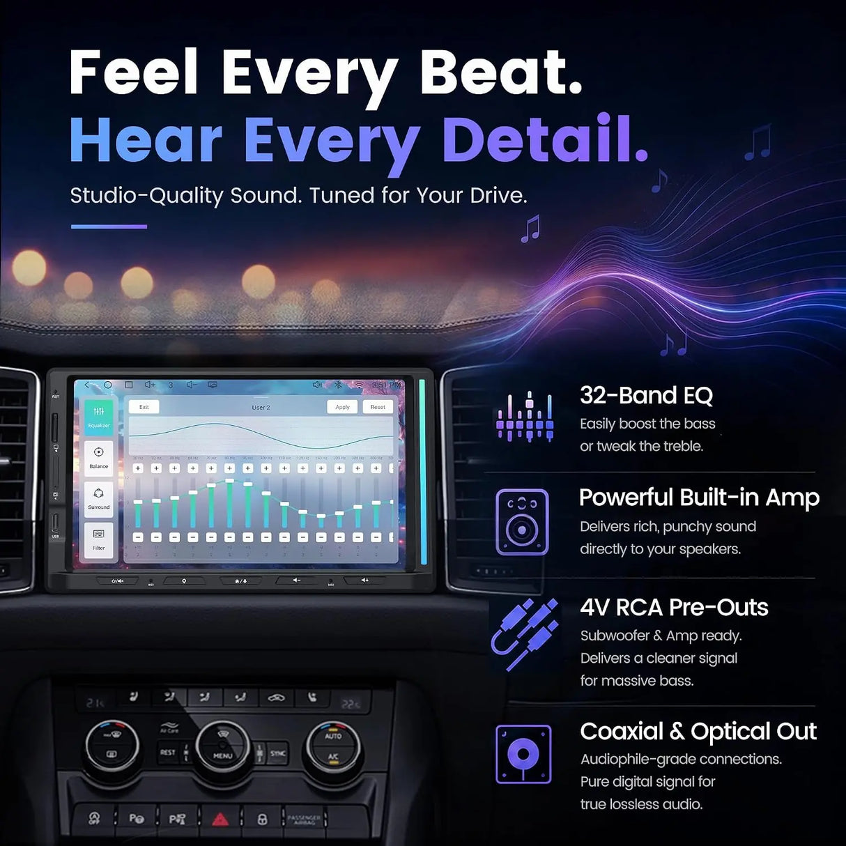 ATOTO S84G2D7PB 7" Android Double DIN Car Stereo with 4G LTE, Wireless Apple CarPlay & Android Auto, QLED Touchscreen, DSP, 4V Pre-Outs, Optical Out, HDMI In/Out, GPS Tracker & LED Sync Bar