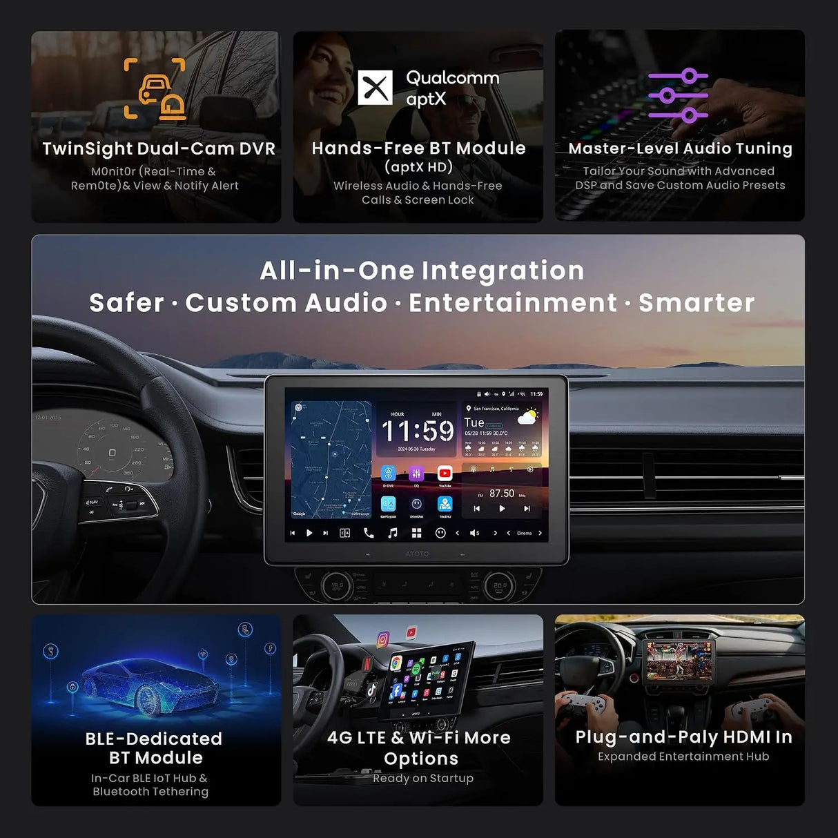 ATOTO X10G125E-R3 12.5" Bluetooth Car Radio with Dual Recording Cams, Single Din & Double Din, QLED Android Stereo 8G+128G, Floating Screen, 7.1.2CH Audio, 4G LTE, Wireless CarPlay & Android Auto