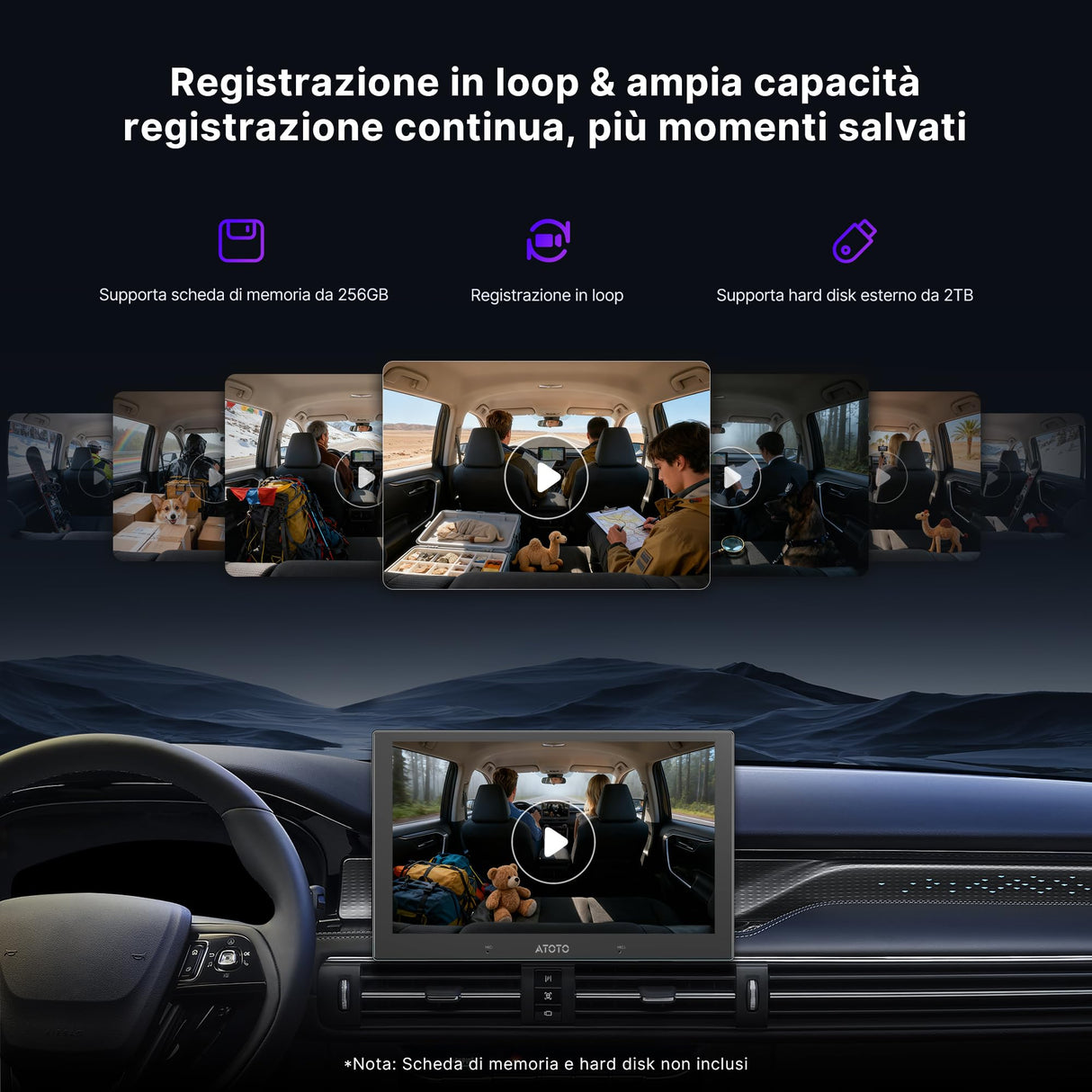 ATOTOEXCEL Telecamera Interna, Frontale (Montaggio Posteriore Abitacolo), AHD 1080p, 30fps, Visione Notturna Starlight, Grandangolo 135°, Reg. loop, Modo Parcheggio, Compat. solo Serie V10, AC-HN9CBV2