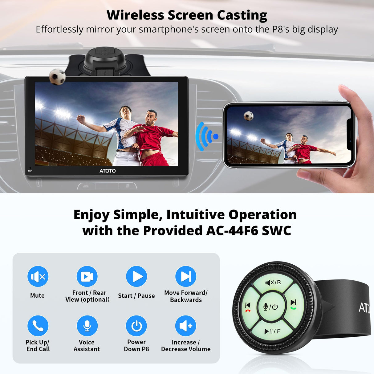ATOTO P8 7" Portable Touchscreen Car Stereo with Bluetooth Wi-Fi, CarPlay and Android Auto Wireless, Multimedia Audio Player with GPS Tracking, MirrorLink